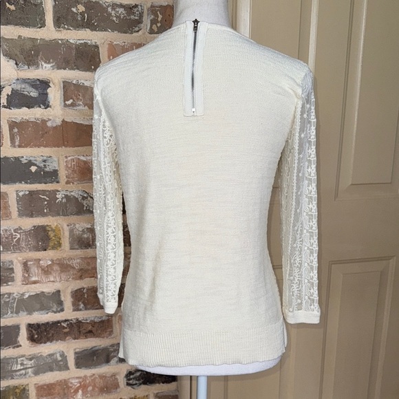 Knitted & Knotted Coquette Cream Lace Sleeve Sweater Texture Cotton Rear Zip SzM - Picture 8 of 16